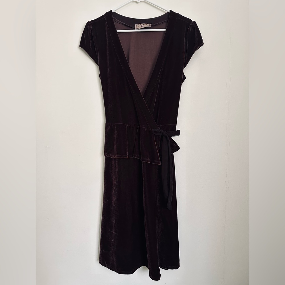 Sweetees Chocolate Brown Open Front Velvet Peplum Wrap Dress